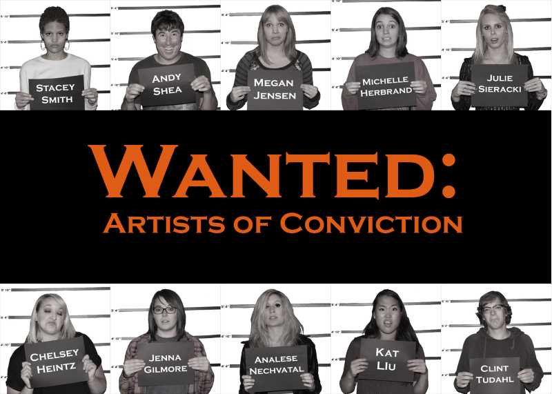 Image of students on a wanted: artists of conviction sign
