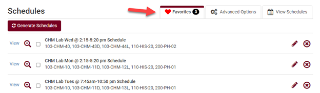 In this example, there are three schedules saved as Favorites.