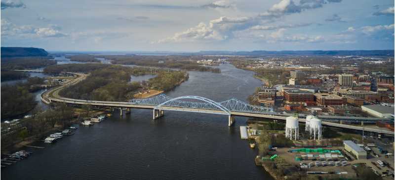 Aerial shot of La Crosse's Cass St bridge on the Mississippi River