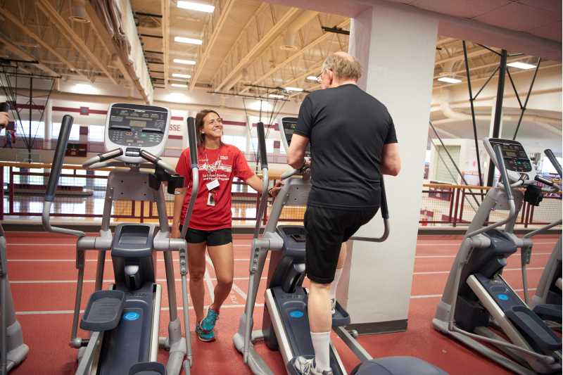 Area residents between the ages of 50 and 90 are sought for UW-La Crosse research on wearing face masks with exercise. Participants who conclude the study will receive one-month free membership to the university’s La Crosse Exercise and Health Program. Pictured is a LEHP participant working with a UWL student on campus prior to COVID. 