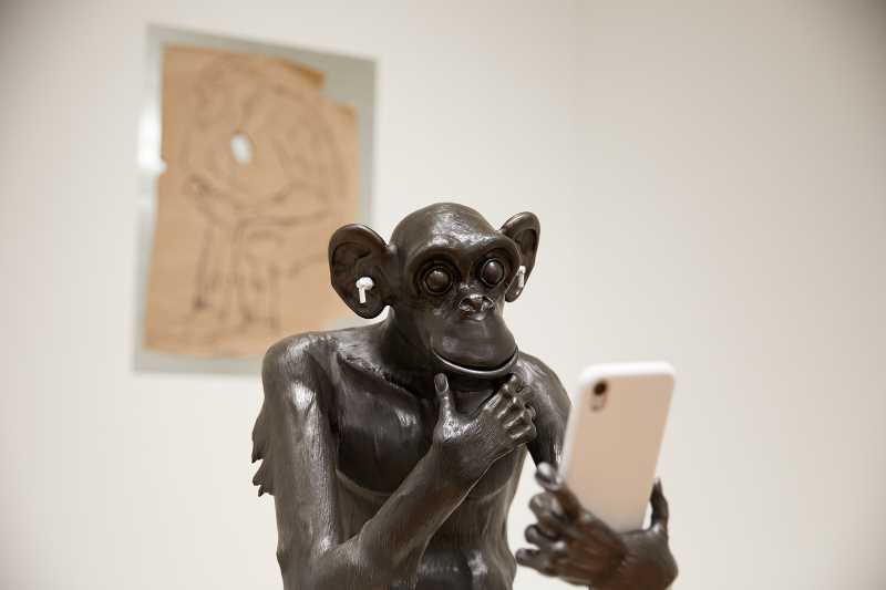 UWL Art Professor Brad Nichols says his artwork in the University Art Gallery provides a satirical view of today’s prevailing social media impact and technology use.