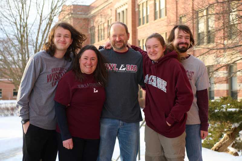 From left: Adam, Sandy, Kurt, Andrea and Alex Grunwald. Kurt, UWL’s radiation safety officer, plans to retire in June after 28 years working for UW System. He and wife, Sandy, associate vice chancellor for Academic Affairs, have raised their children at UWL. All three kids — Andrea, Adam and Alex — are current or former UWL students.