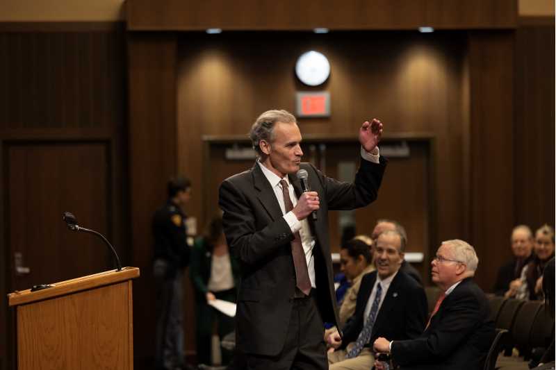 UW-La Crosse Chancellor Joe Gow addresses the crowd during his opening remarks for the spring semester Monday, March 20. The event was postponed to March after a weather cancellation in January. 