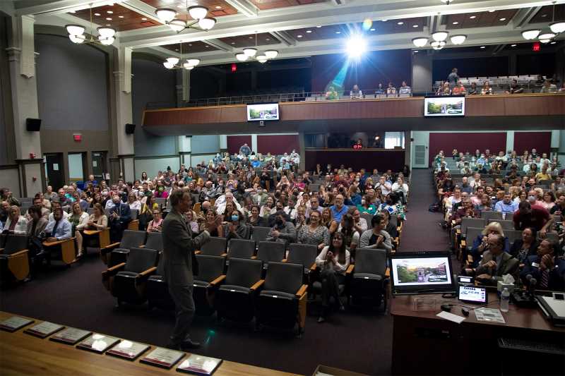 Chancellor Joe Gow speaks to staff and faculty during his opening address for the fall semester Wednesday, Aug. 31. After two and a half academic years affected by COVID-19, Gow expressed hope for a more normal year in 2022-23.