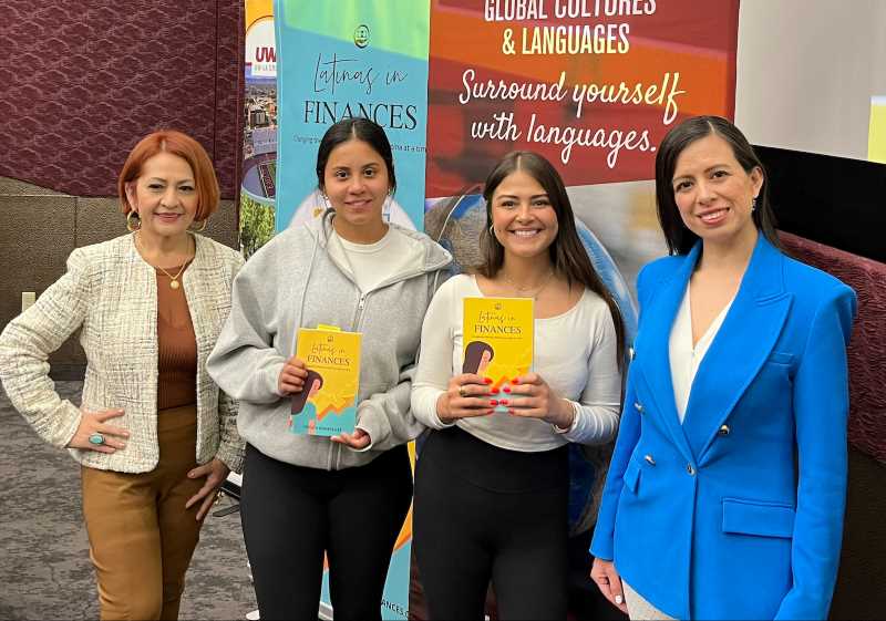 From left, Author Glenda Alvarado, UWL student Sofia Mendoza, UWL student Gabriela Nejapa Jansen and Author Mary Buitron. During the event students asked questions based on Mary and Glenda’s book, asking in Spanish and translating their responses in English for the audience. 