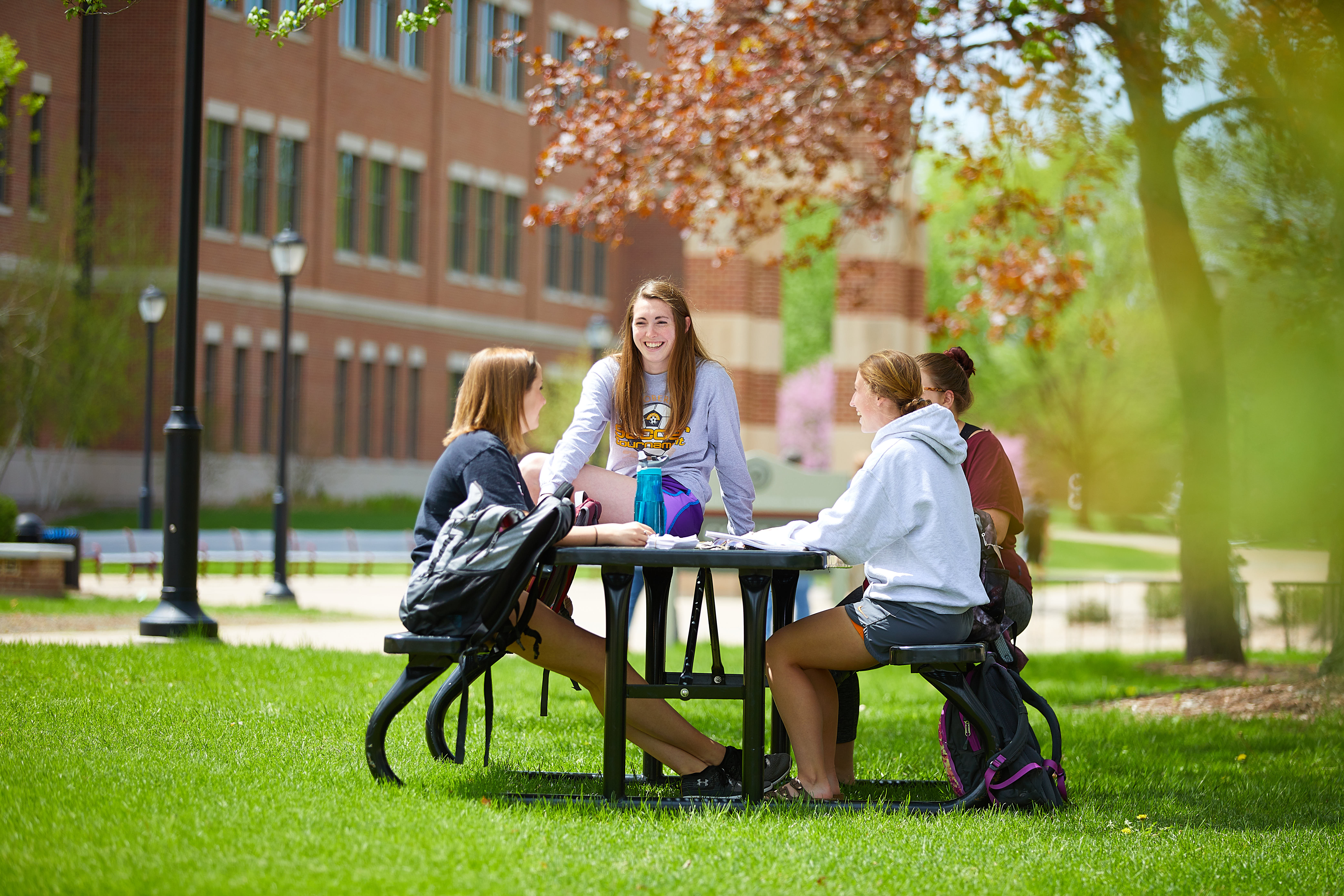 Students sit at a picnic table on the campus lawn.