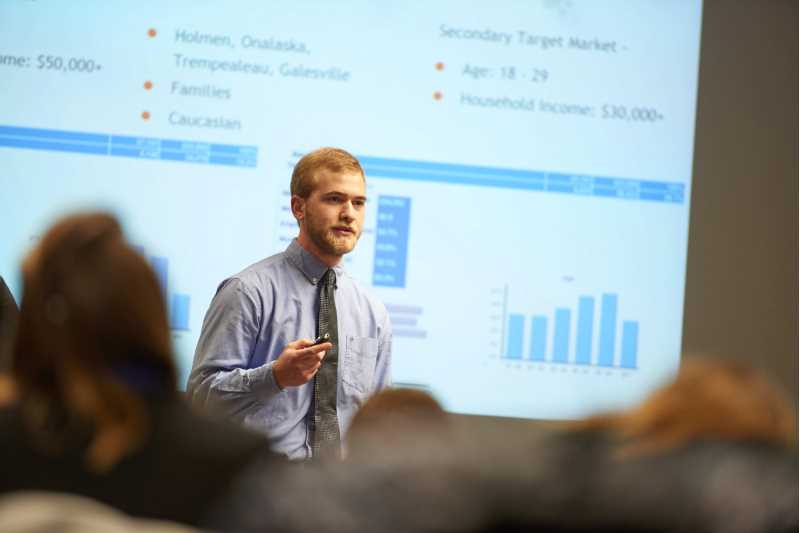 2015 image of a student giving a marketing presentation.