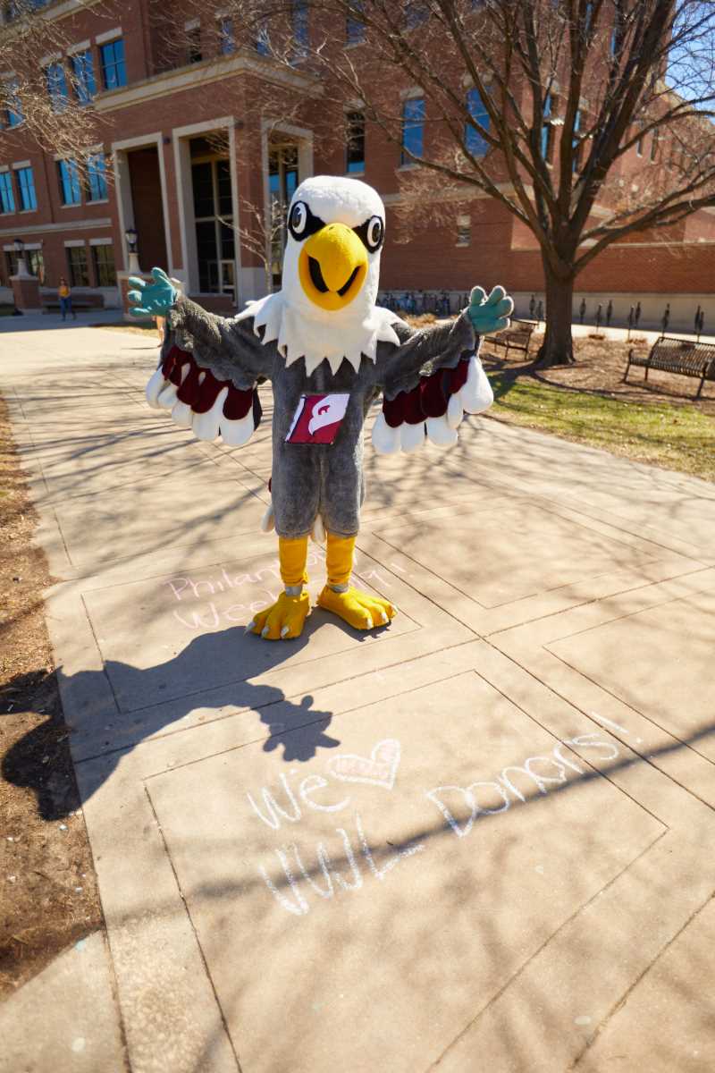 Striker the Eagle posing on the sidewalk