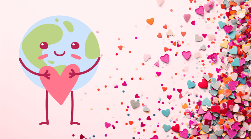 A cartoon globe holding a heart on a background of paper hearts