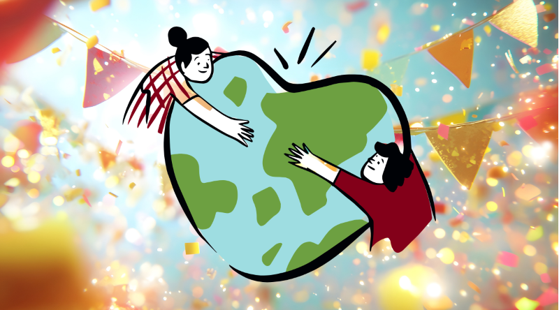 A graphic of two people hugging a heart shaped globed.