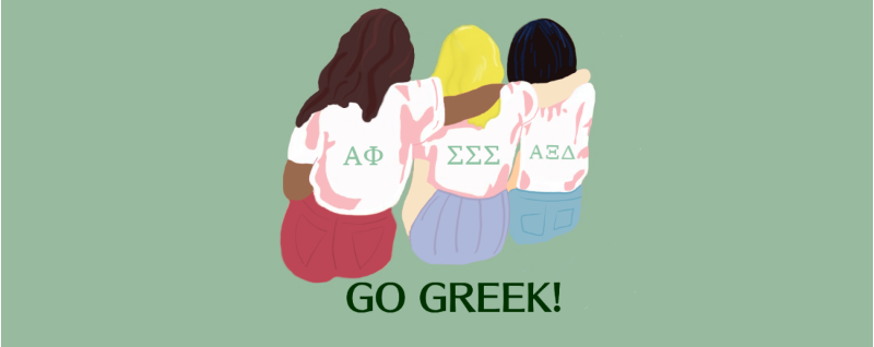 A digital drawing of three women wearing sorority letters, with the caption "go greek"