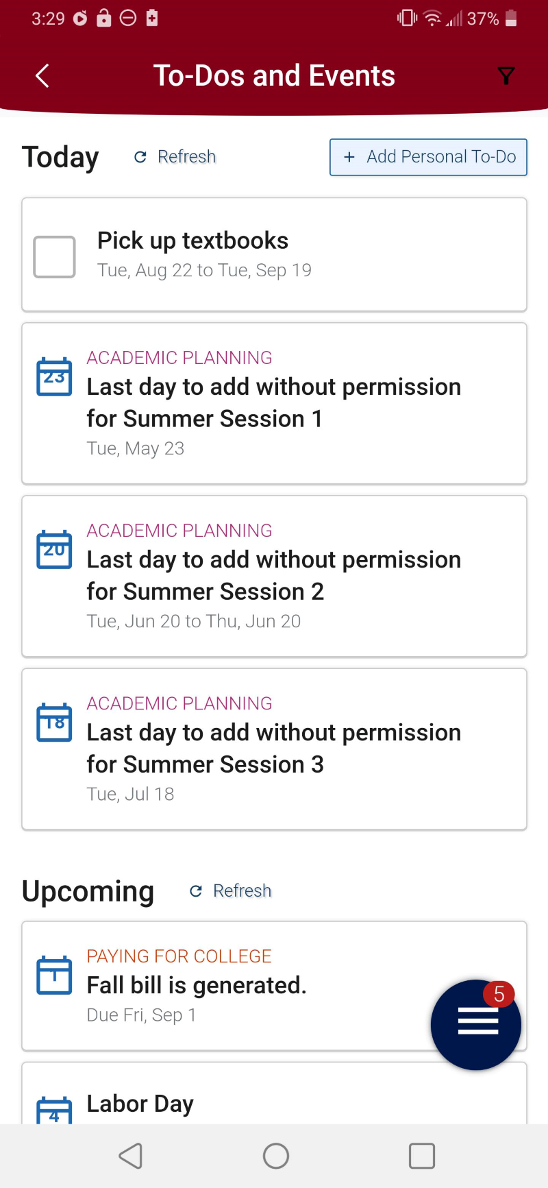 Screenshot of Student App To Do