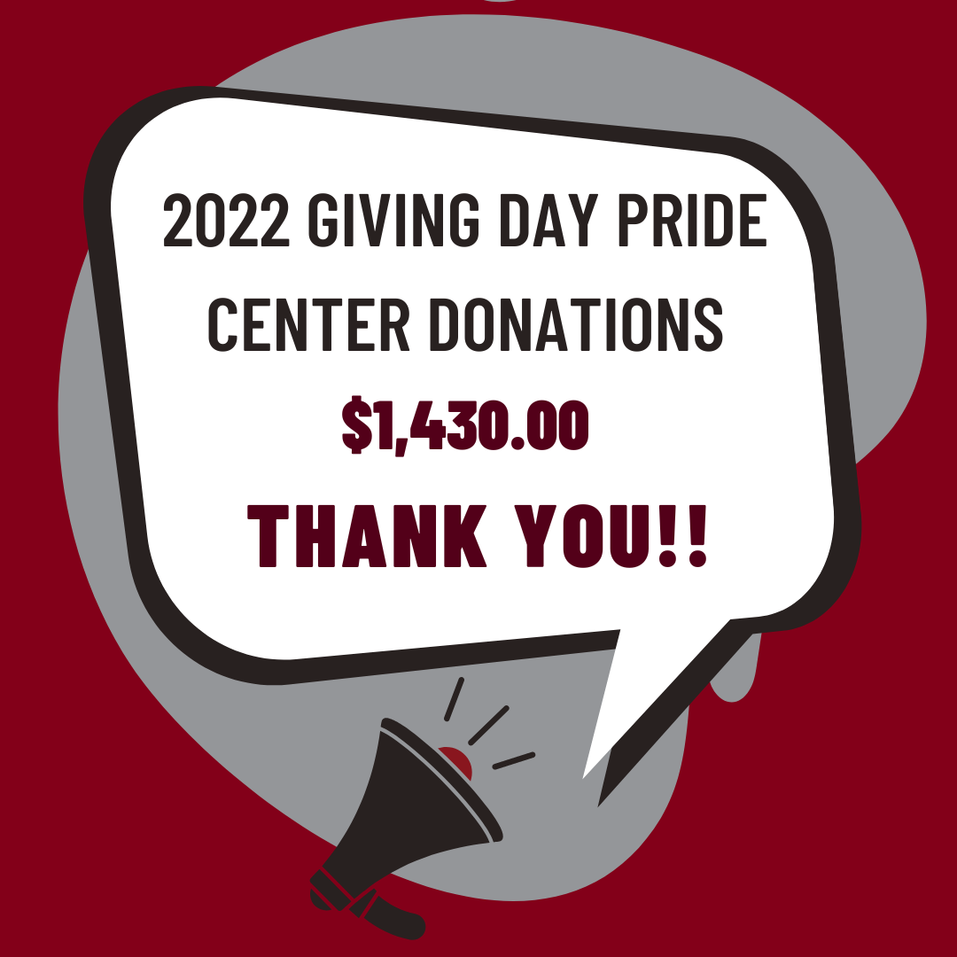 Maroon background, with a gray blob, black and white voice outlines (2022 Giving Day Pride Center Donations $1,430.00 Thank You!!!)  and a small black speaker 