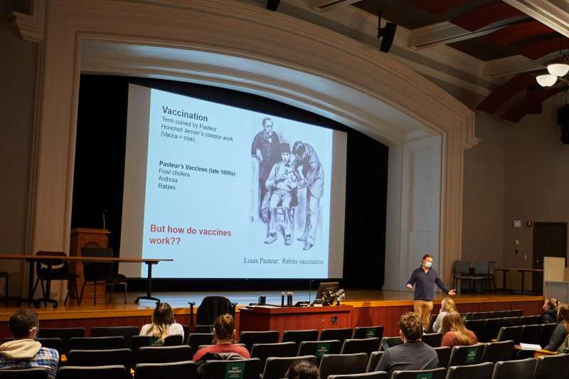 Peter Wilker, associate professor of microbiology, lectures during an immunology class at UW-La Crosse. 