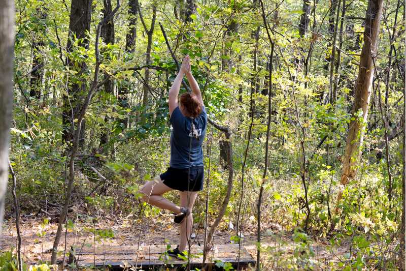 UWL student Paige Coleman sits on a wooden structure that students in a recreation management course added for quiet time and meditation among the pines on the Hickory Trail. This designated area for forest therapy is less than 1 mile into the woods on the Hixon Forest trail.