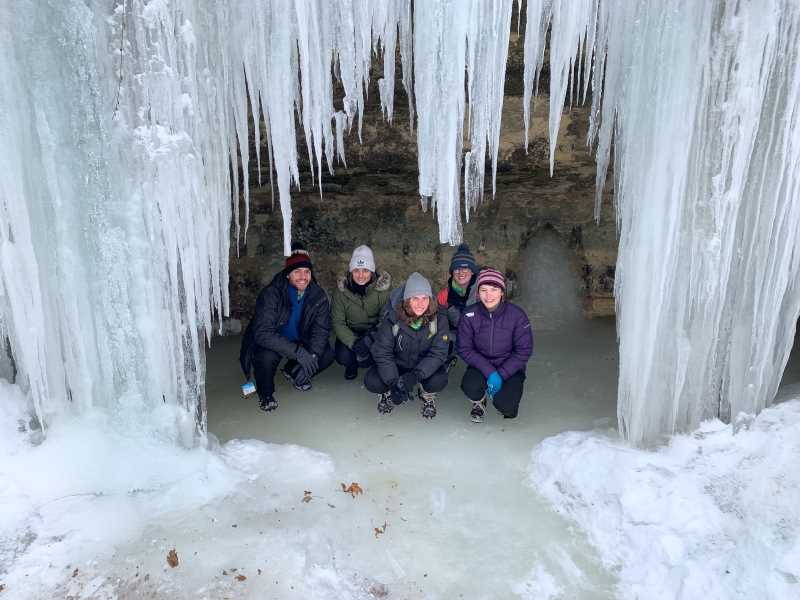 UW-La Crosse students and employees of UWL’s Outdoor Connection pose at an ice cave in the Kickapoo Valley Reserve near La Farge, Wisconsin, during a February hike. From left, Dylan Chapes, Mandie Schwarz, Marianna Malin, Alexis Tate and Thana Zoske. The Outdoor Connection on campus rents equipment for outdoor adventures throughout the year.