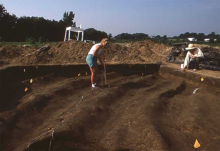 UWL archaeology students map some of the Sand Lake agricultural ridges in 1986.