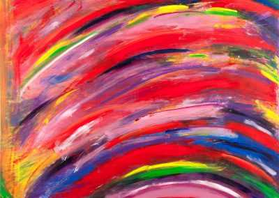 An abstract painting with sweeping, multicolored curved brushstrokes. Photo Credit: George Mendoza, Colors of the Wind.