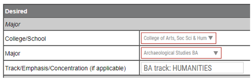 Image shows a screenshot of the "Track/Emphasis/Concentration" form area for selecting a BA track. 