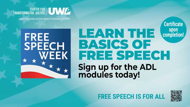 Digital sign about Free Speech Week. Learn the basics of free speech. Sign up for the ADL modules today!