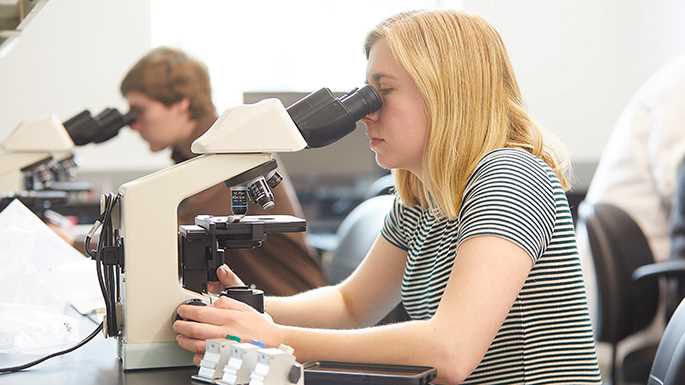 Students looking through microscopes