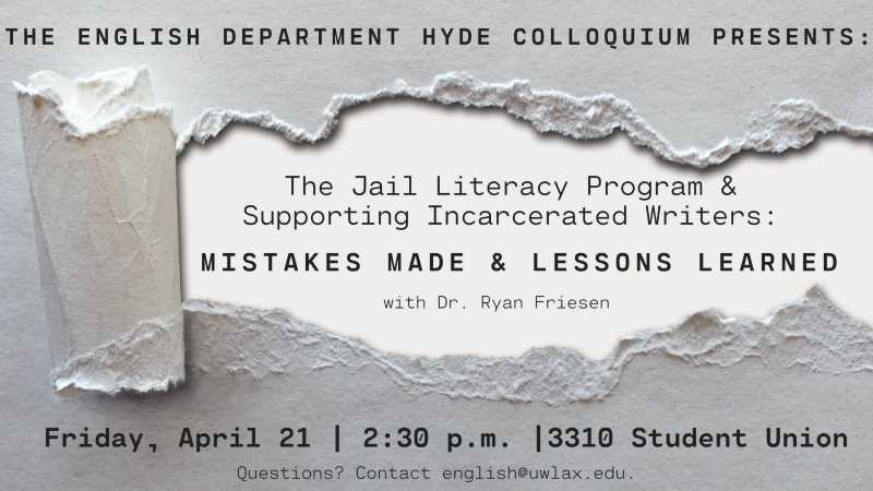 Colloquium Series flyer titled: "The Jail Literacy Program and Supporting Incarcerated Writers: Mistakes Made and Lessons Learned"