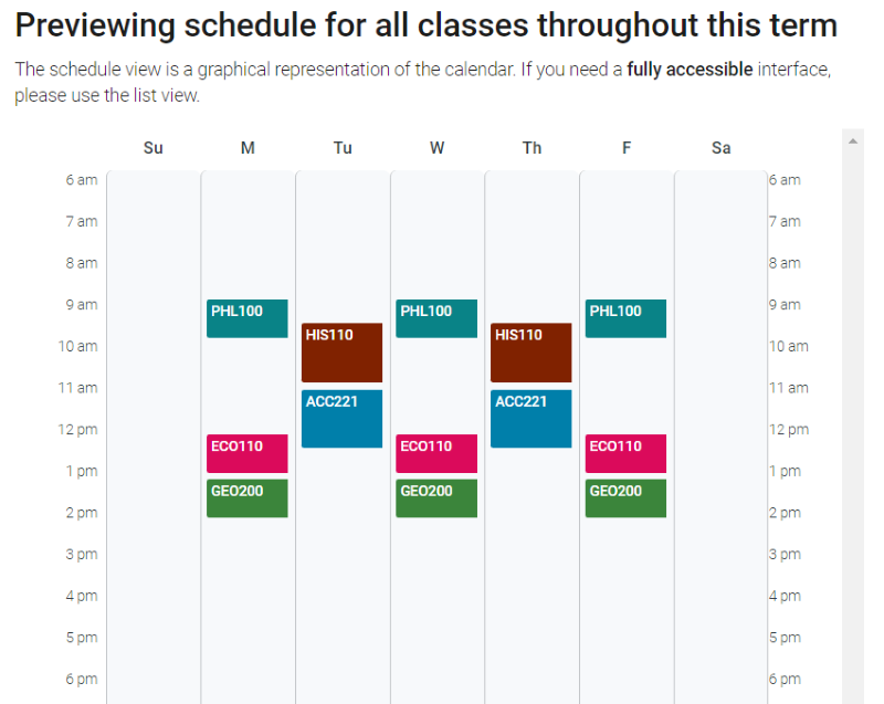 Course schedule calendar view