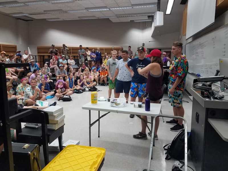 The band dressed up for beach day in the choir room