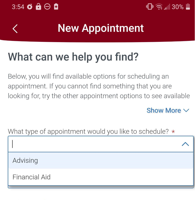 Select the appointment type