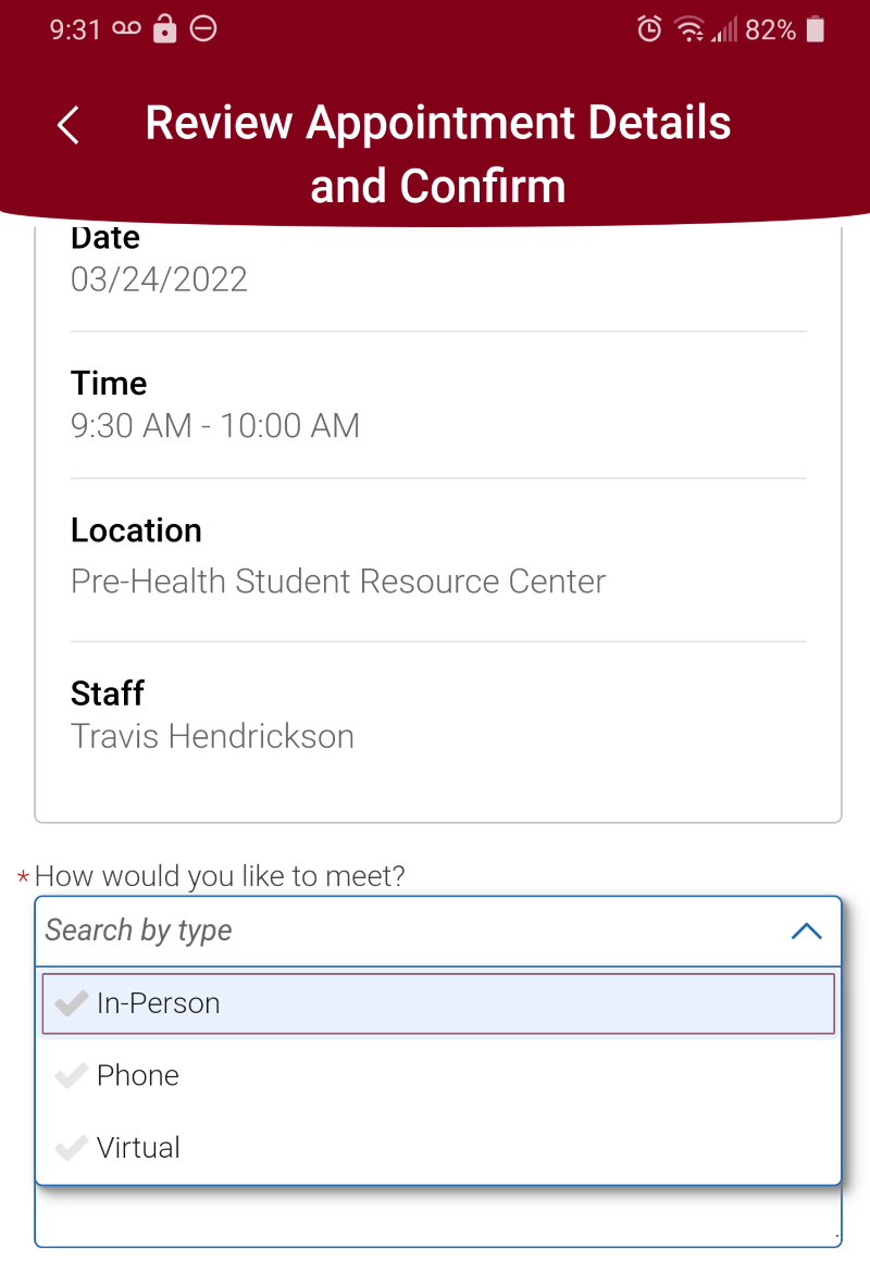 Select appointment modality