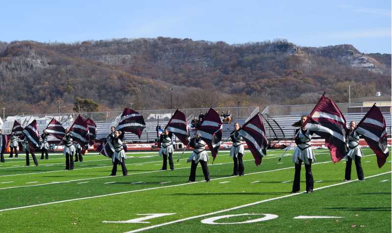 Colorguard performing a field show