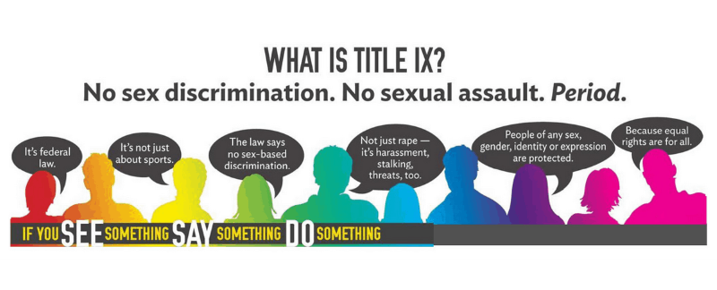 What is Title IX? No sex discrimination. No sexual assault. Period. It's federal law. It's not just about sports. The law says no sex-based discrimination. Not just rape - it's harassment, stalking, threats, too. People of any sex, gender, identity or expression are protected. Because equal rights are for all. If you see something, say something, do something.