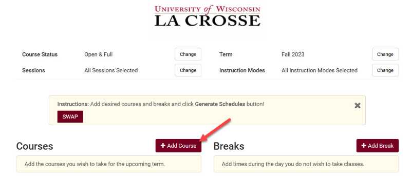 Click Add Course to search for courses in Schedule Planner.