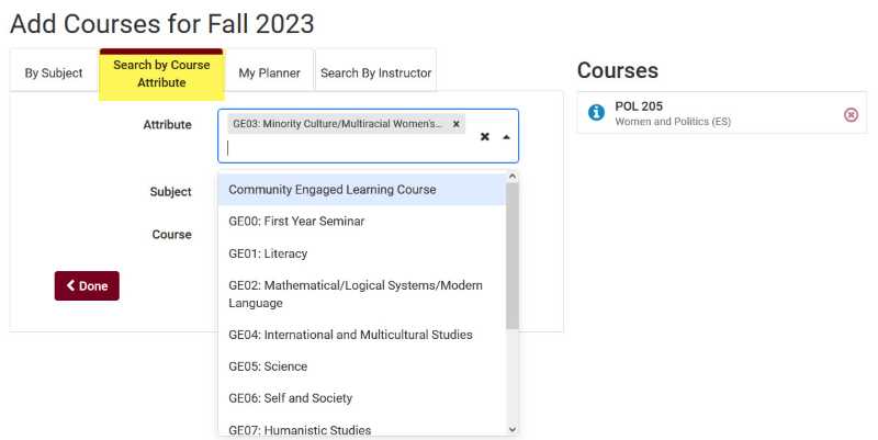 Use the Search by Course Attribute tab to search by attributes such as General Education categories.