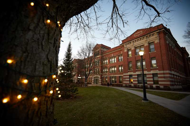 Holiday lights outside Graff Main Hall