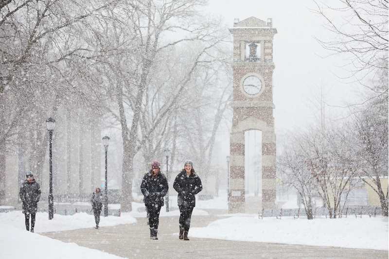 Students on campus in winter weather