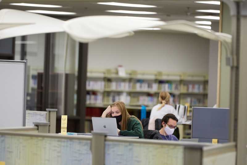 Masked students studying 