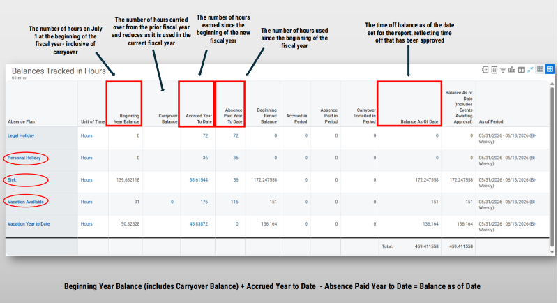 Screen shot and labels of Workday Vacation Balances