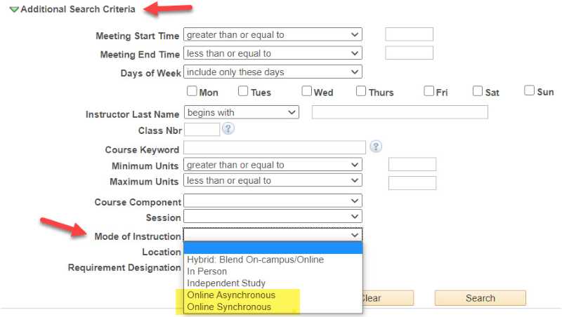 In the Search for Classes function in WINGS or in the public timetable, the additional search criteria section has the option to filter on modes of instruction. Scroll there to select between Online Asynchronous or Online Synchronous.