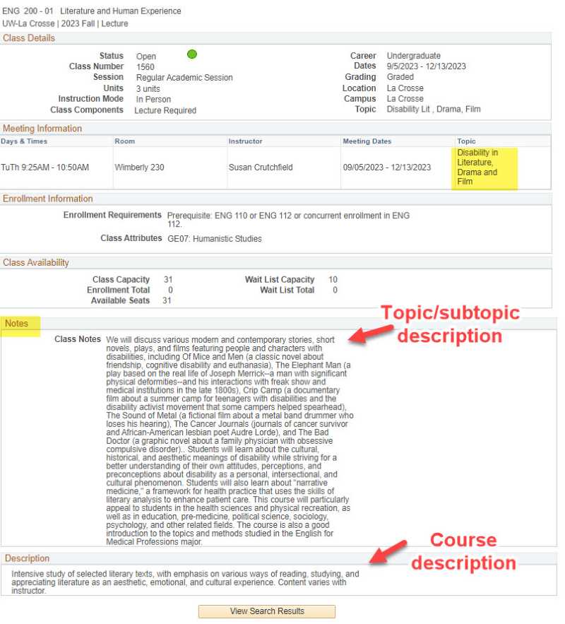 Class details include the topic title in the Meeting Information and the topic description in the Class Notes.