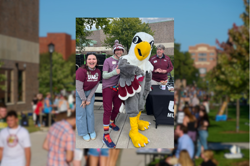 From left to right: Shealyn McMahon, Outreach Library Assistant; Jason Anfinsen, Student Engagement and Outreach Librarian; Stryker; and John Jax, Murphy Library Director, at Eagle Fest on Friday, September 5, 2025.