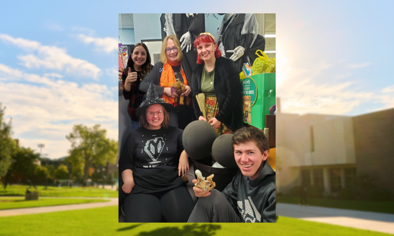 Murphy Library administration office student workers and Administrative Supervisor Ingrid Iverson. Clockwise from top left: Maggie Condon, Ingrid Iverson, Elenor Tezak, Luke Schneider, and Macie Ferguson.