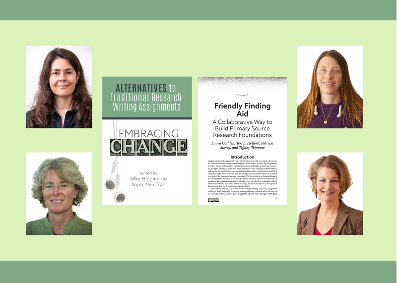 Faculty from UWL Library and History Departments collaborate on book chapter. Clockwise from top left: History Professor Tiffany Trimmer, Special Collection/ARC Historian Laura Godden, Engagement and Curriculum Collection Librarian Teri Holford, History Professor Patricia Stovey 