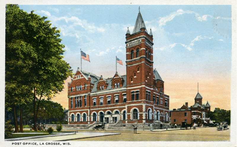 Postcard circa 1910 , from the UW-La Crosse Murphy Library SC/ARC archival holdings showing the former La Crosse Post Office, torn down in 1977