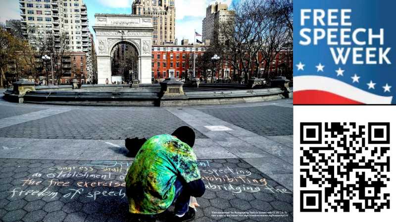 UWL Free Speech Week Poster showing image of person writing the First Amendment in chalk in front of the Washington Square Arch in  New York City
