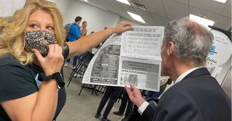 Lisa Kumm, the original barista when Murphy's Mug first opened, shares the original Racquet article announcing the grand opening with Chancellor Joe Gow.