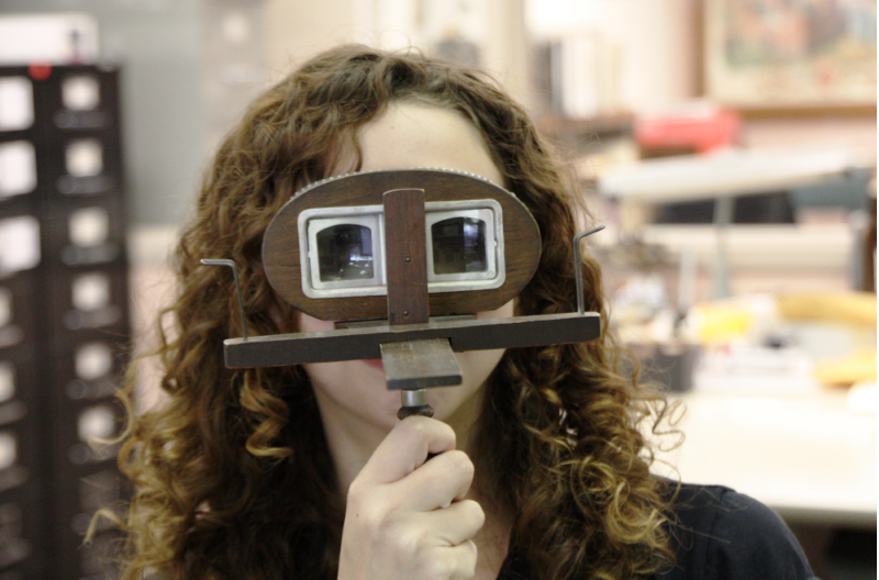 A stereoscope is used to view stereoviews, images that were traded in the late 1800s and early 1900s, much like today’s Pokémon cards. Photo courtesy of Teri Holford, Murphy Library.