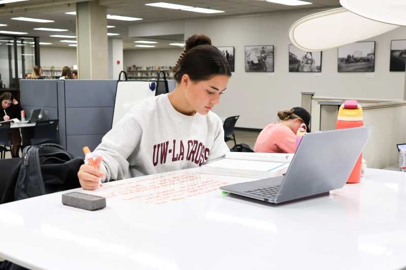 Student studying in Murphy Library, May 2025
