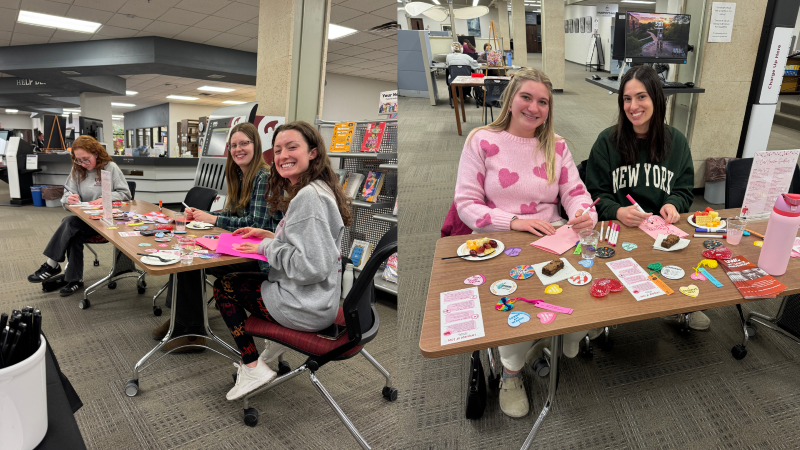 Alt text: Students participating in the Hearts and Crafts night from UWL Violence Prevention at Murphy Library. Students in images are crafting valentines.