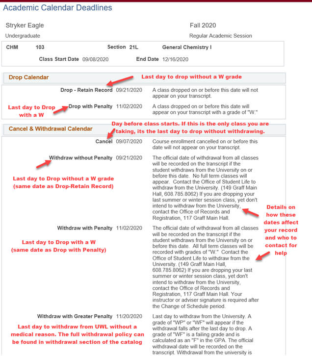 The Academic Calendar Deadlines are listed for this specific class.
